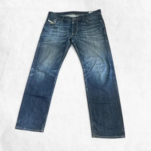 Diesel Vintage Larkee Relaxed Navy Blue Denim Straight Jeans, Men's (Size 38) in blue Denim from Grailed