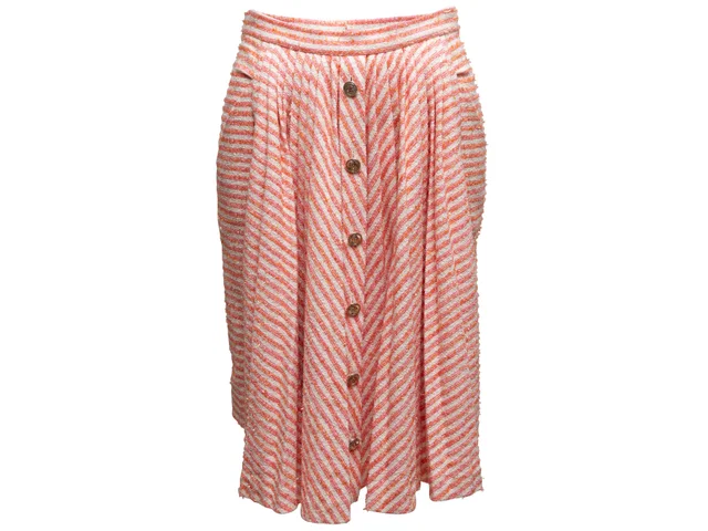 Coral & White Chanel Striped Tweed Skirt Size FR 38 in White Tweed from Designer Revival