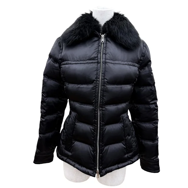 Prada Sheepfur Triangle Logo Zip Up Jacket Black 38 in Black Calfskin from The Reluxe