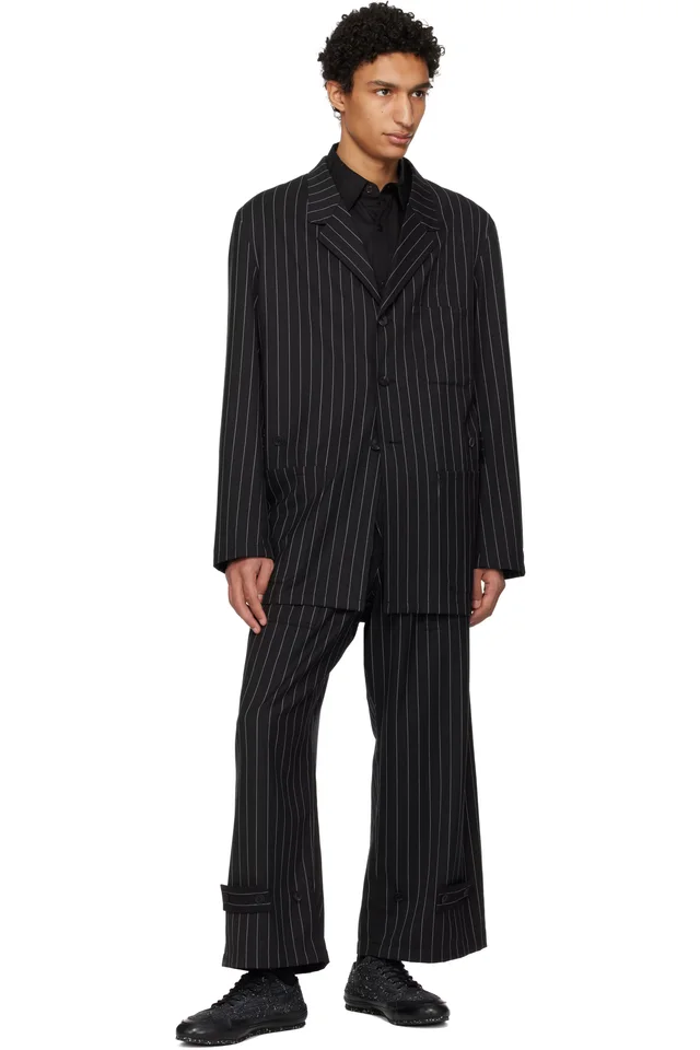 Y-3 Black Pinstripe Refined Wool Wide Leg Trousers, photo 4 of 4 from SSENSE