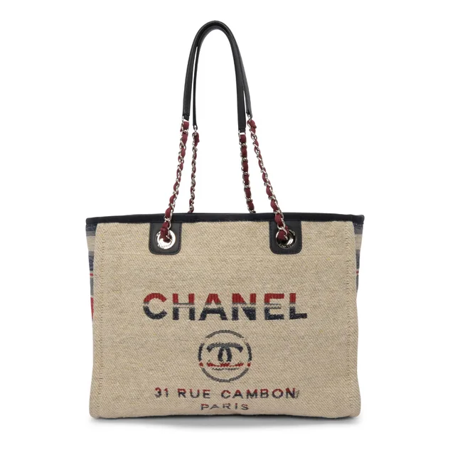 Chanel Striped Canvas Medium Deauville Tote in Beige Canvas from Blue Spinach