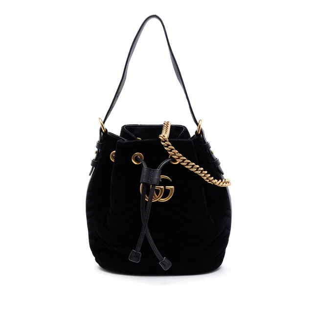 Black Gucci GG Marmont 2.0 Matelasse Velvet Bucket Bag in Black Velvet from Designer Revival