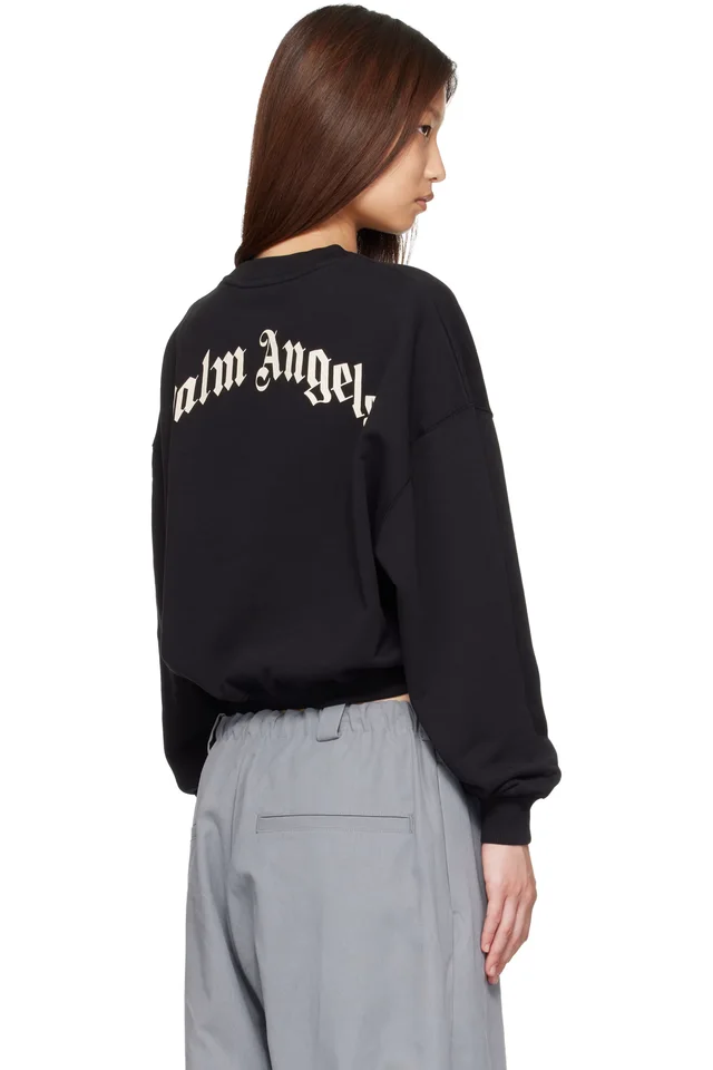 Palm Angels Black Curved Logo Crop Sweatshirt, photo 3 of 4 from SSENSE