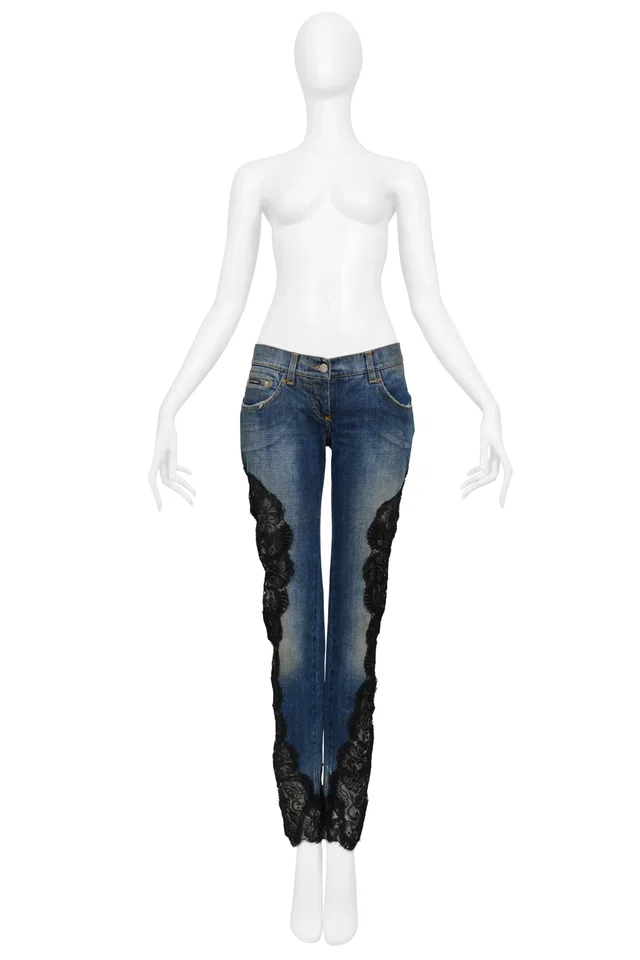 Dolce & Gabbana Blue Denim Jeans With Black Lace Side Insets in Black Denim from Resurrection Vintage
