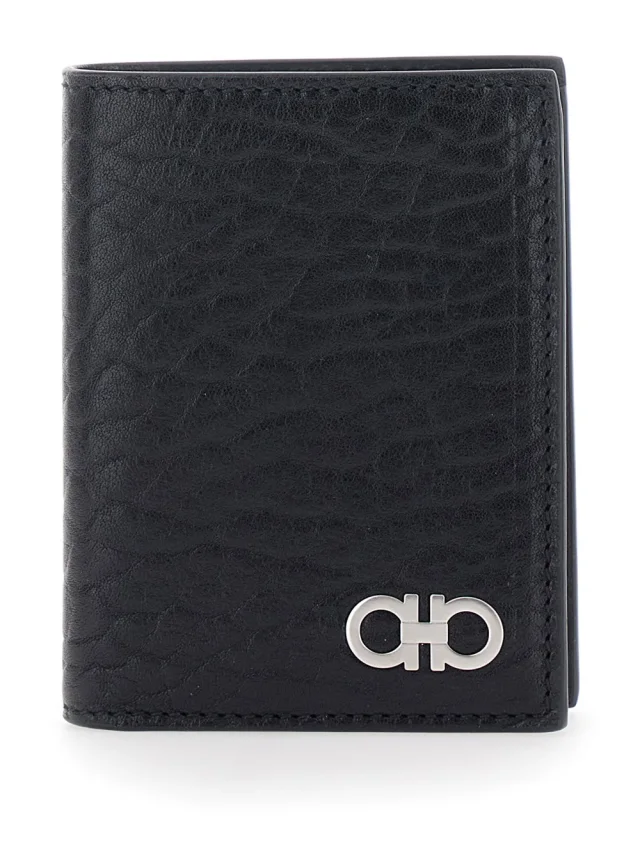 Black Bi-Fold Wallet with Gancini Plaque on the Front in Leather Man in Black, image 1 of 1 from Gaudenzi Boutique