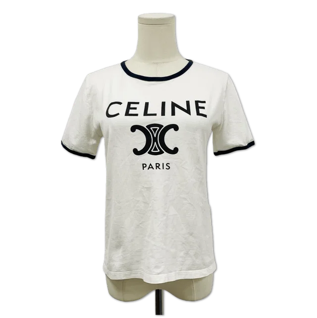 Celine White Triomphe Paris Logo Ringer T-Shirt size M in White from Luxury Promise