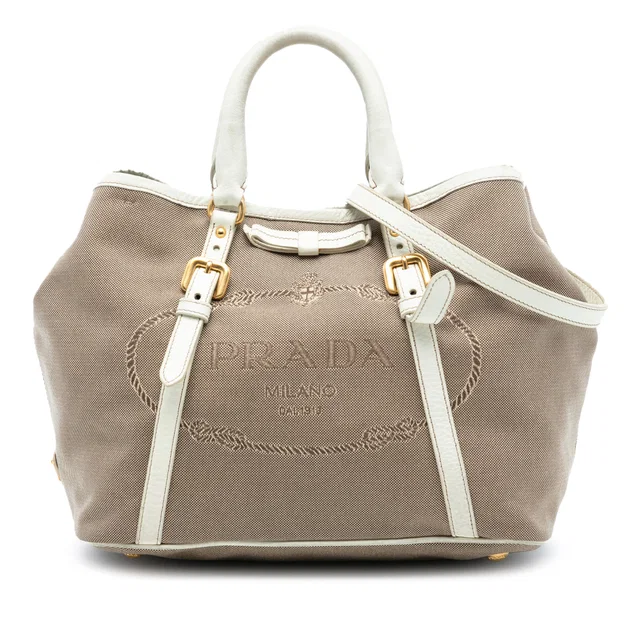 Beige Prada Canvas Canapa Logo Bow Satchel in Beige Canvas from Designer Revival