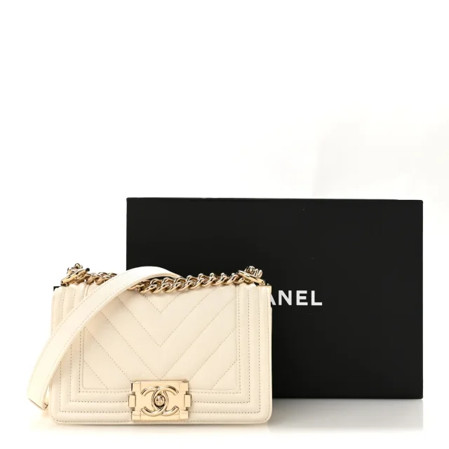 Chanel Caviar Chevron Quilted Small Boy Flap White in White Caviar leather from FASHIONPHILE, photo 14 of 14