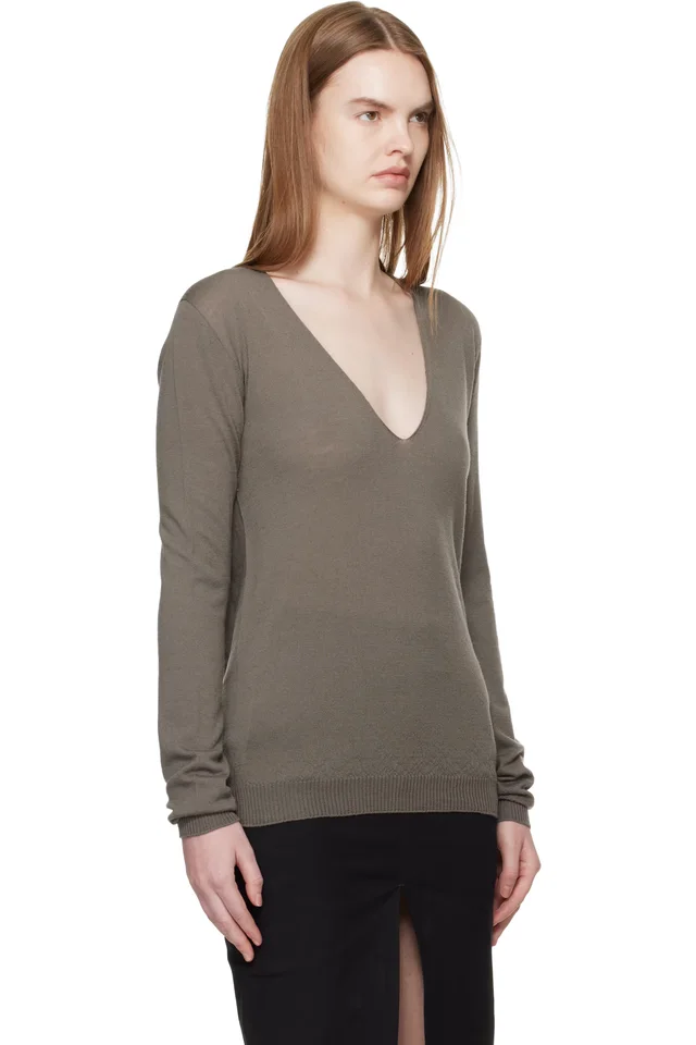 Rick Owens Gray Temple V Neck Pull Sweater, photo 2 of 4 from SSENSE