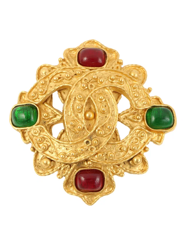 Chanel 1994 Gripoix Design Cutout CC Mark Brooch Gold/Green/Red in Red from VINTAGE QOO TOKYO