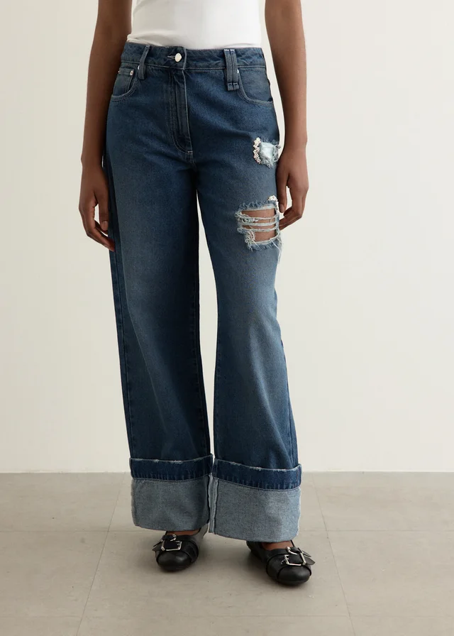 Simone Rocha Distressed Embellished Straight Leg Jeans in Blue from Incu, photo 1 of 1