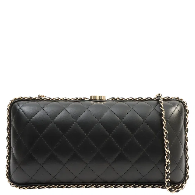 Chanel 2012 Vintage Matelasse Stitch CC Mark Kisslock Chain Shoulder Bag Black in Black Lambskin from VINTAGE QOO TOKYO