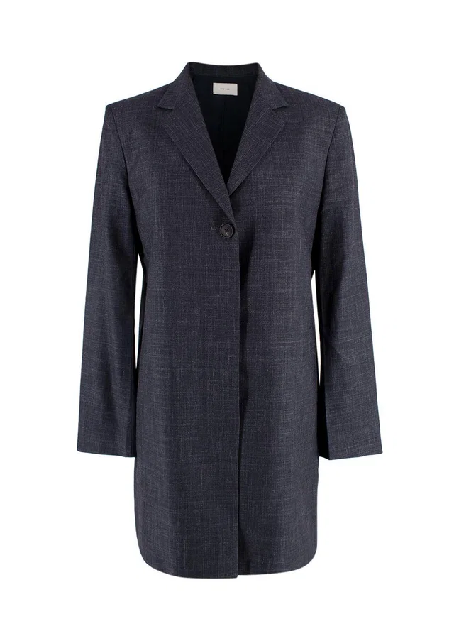 The Row Navy Wool and Silk Blend Longline Blazer in Navy Silk from HEWI