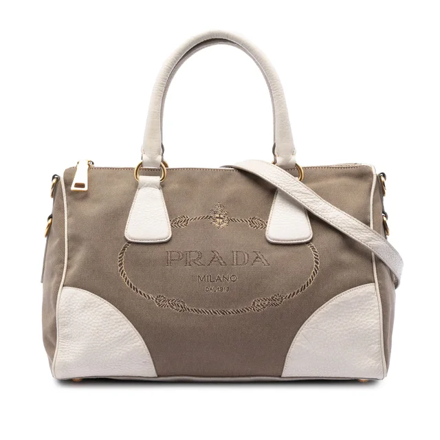 Brown Prada Vitello Daino Trimmed Canvas Canapa Logo Satchel in Brown Canvas from Designer Revival