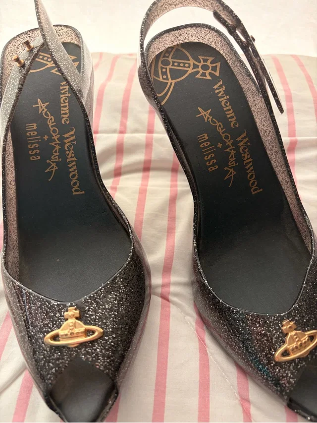 Vivienne Westwood Glitter Slingback Pumps In Black With Gold Orb in black|gold from Poshmark
