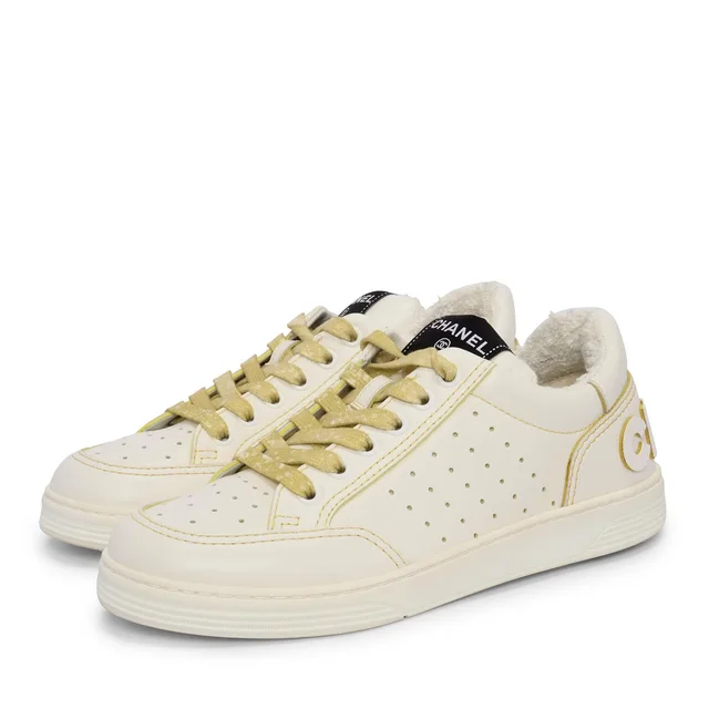 Chanel Logo Sneakers 37.5 in White & Yellow Calfskin from Blue Spinach