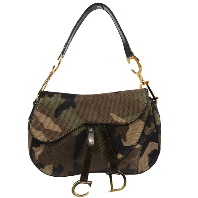 Dior Green Camouflage Double Saddle Handbag in Green Patent leather from AMORE Vintage Tokyo