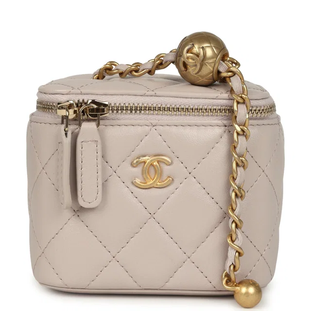 Chanel Mini Pearl Crush Vanity Case Light Grey Lambskin Brushed Gold Hardware in Grey Lambskin from Madison Avenue Couture