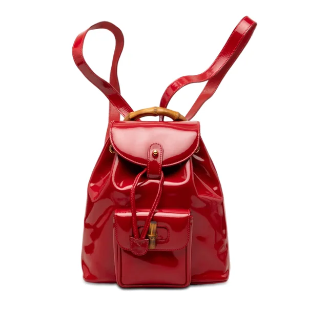 Red Gucci Patent Bamboo Drawstring Backpack in Red Patent leather from Designer Revival