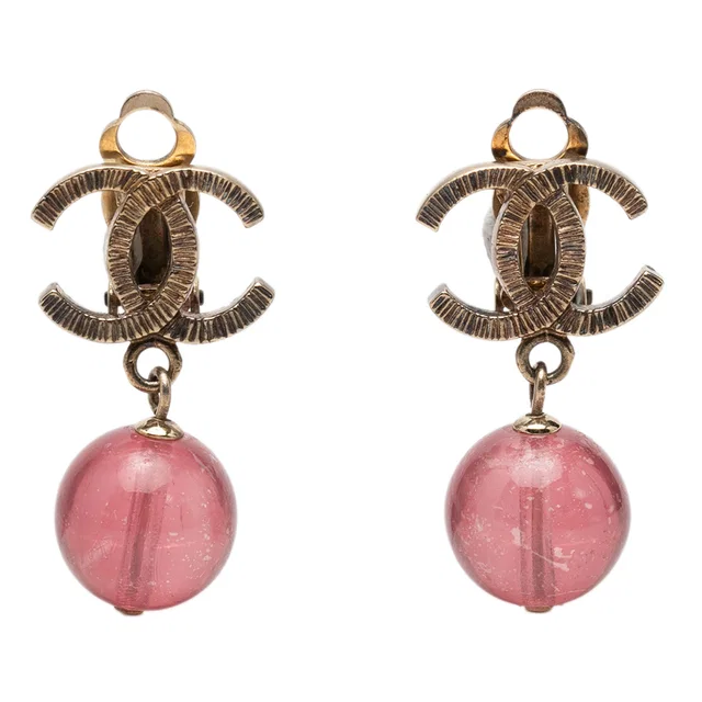 Gold Chanel CC Brass Resin Drop Clip On Earrings in Gold Resin from Designer Revival