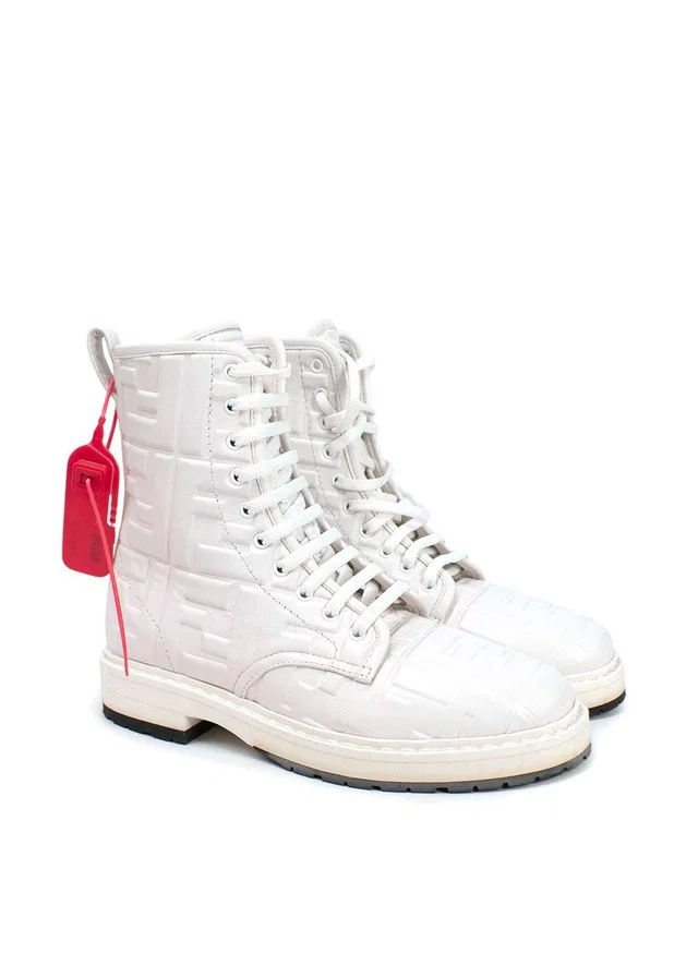 Fendi White Nappa FF Embossed Biker Boots in White Nappa leather from HEWI