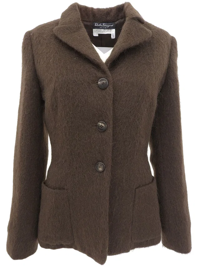 Ferragamo Mohair Jacket #40 Brown in Brown Wool from VINTAGE QOO TOKYO