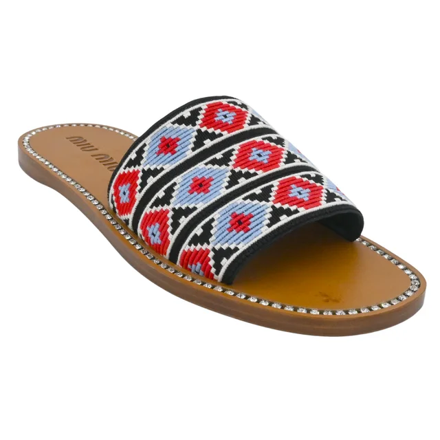 Miu Miu Embroidered Geometric Crystal Trim Slide Sandals from Clotheshorse Anonymous