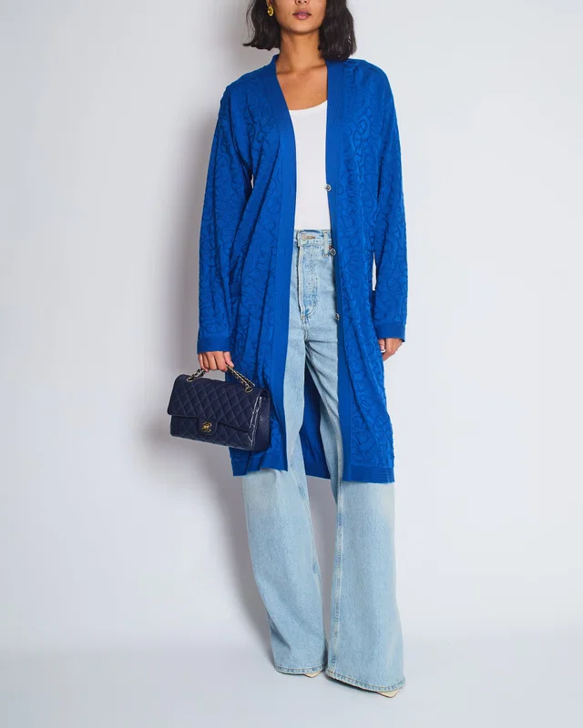 Hermès Electric Blue Silk & Cotton Long Cardigan with Chaine D'Ancre Buttons Size FR 36 (UK 8) in Blue Silk from Sellier