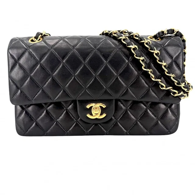 Chanel Shoulder Bag Quilted 25 Double Chain Flap Crossbody CC Logo Turnlock in Lambskin from The Reluxe