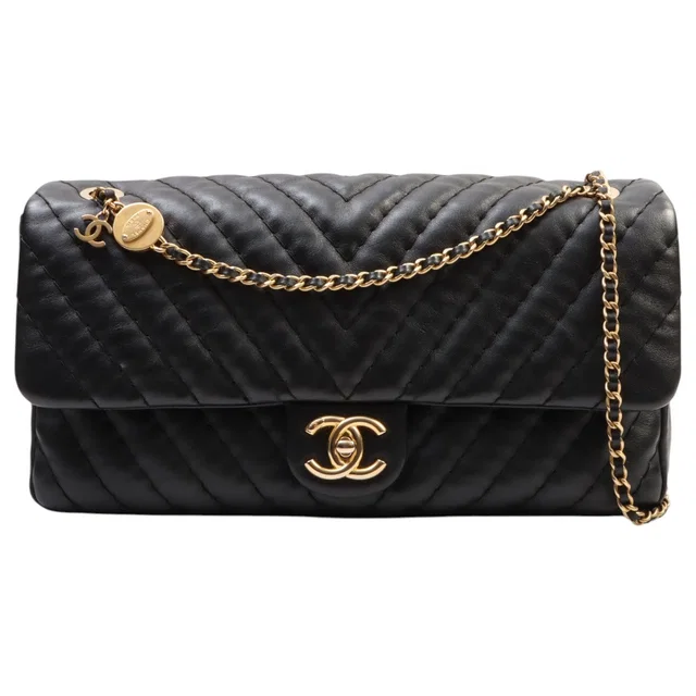 Chanel Circa 2012 Chevron Stitch CC Turn-Lock Logo Charm Chain Shoulder Bag Black in Black Lambskin from VINTAGE QOO TOKYO