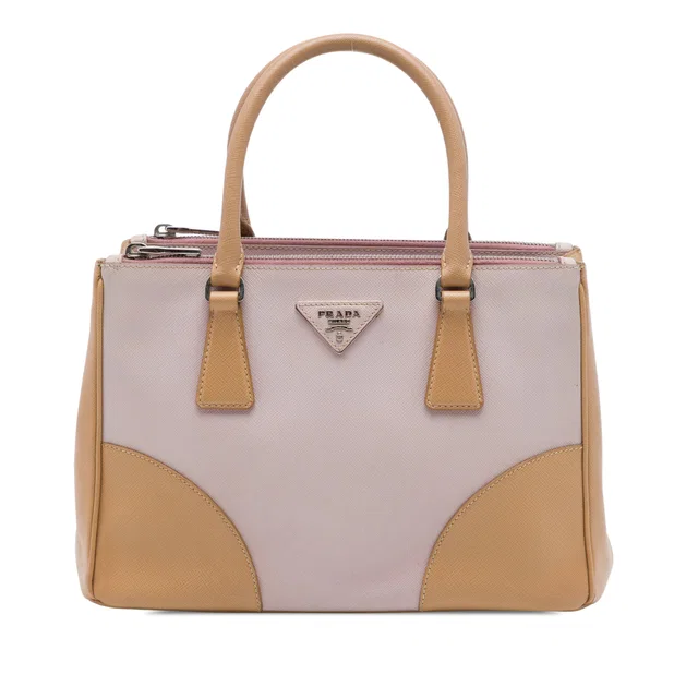 Pink Prada Small Bicolor Saffiano Galleria Double Zip Satchel in Pink Saffiano leather from Designer Revival