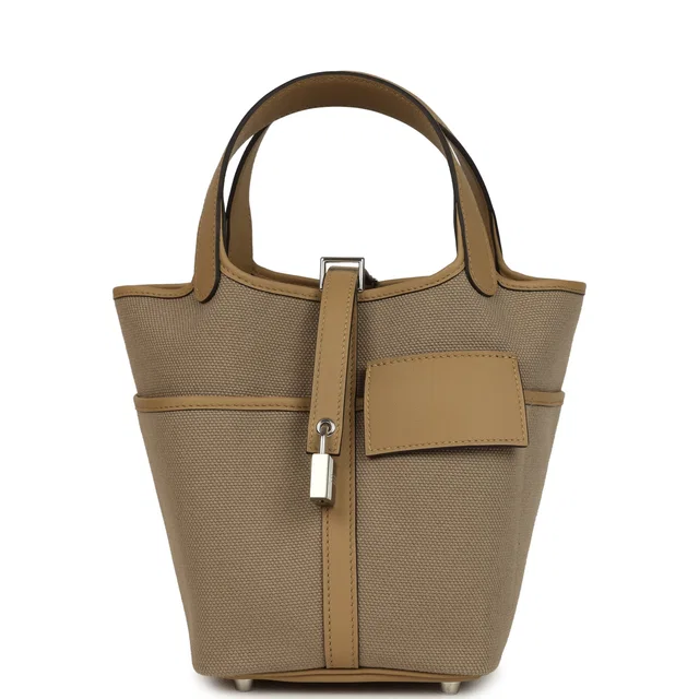 Hermès Picotin Cargo 18 Poussiere Marfa Toile Canvas and Beige Swift Palladium Hardware in Beige Swift leather from Madison Avenue Couture