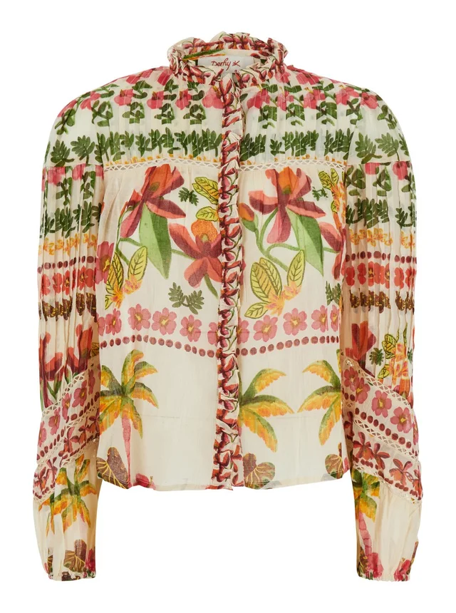 DERHY 'Axelle' White Crew Neck Blouse with ruffle details and all-over floral motif in cotton for women in White 100% Cotton, photo 2 of 6 from Gaudenzi Boutique