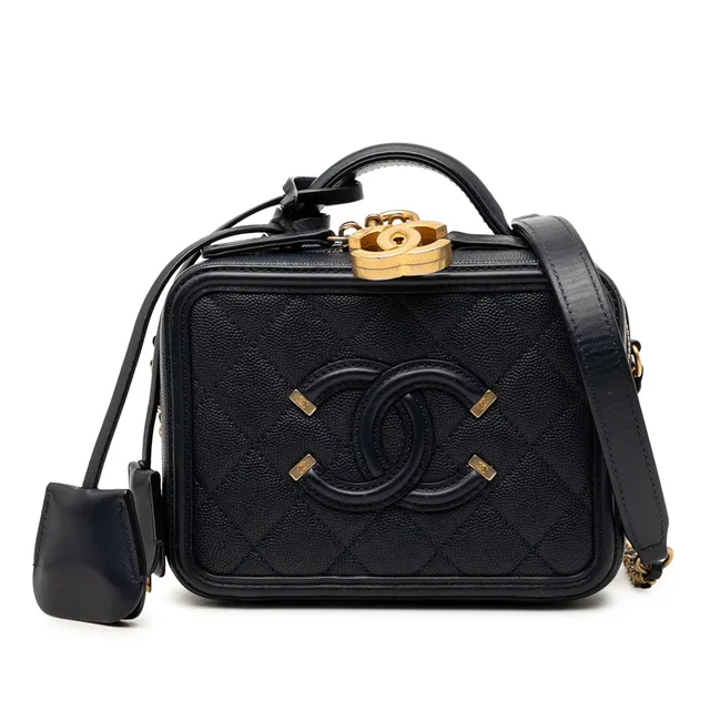 Blue Chanel Small Caviar CC Filigree Vanity Case Satchel in Blue Caviar leather from Designer Revival