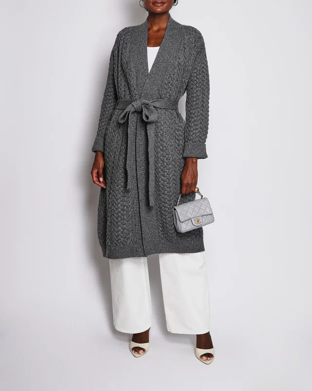 Loro Piana Grey Cashmere Knitted Long Cardigan with Belt Size IT 44 (UK 12) in Grey Cashmere from Sellier