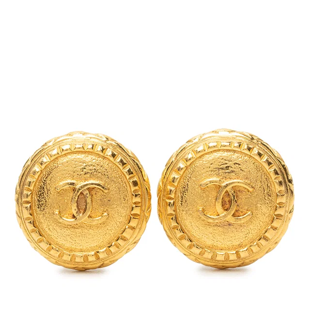 Gold Chanel CC Gold Plated Button Clip On Earrings in Gold from Designer Revival