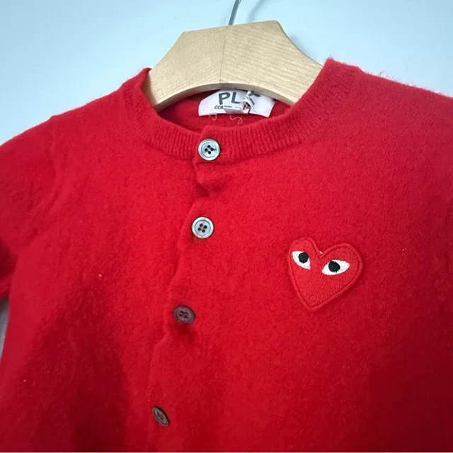 Play Comme Des Garcons Heart Patch Wool Knit Cardigan Size S *Shrunk in red Wool from Poshmark
