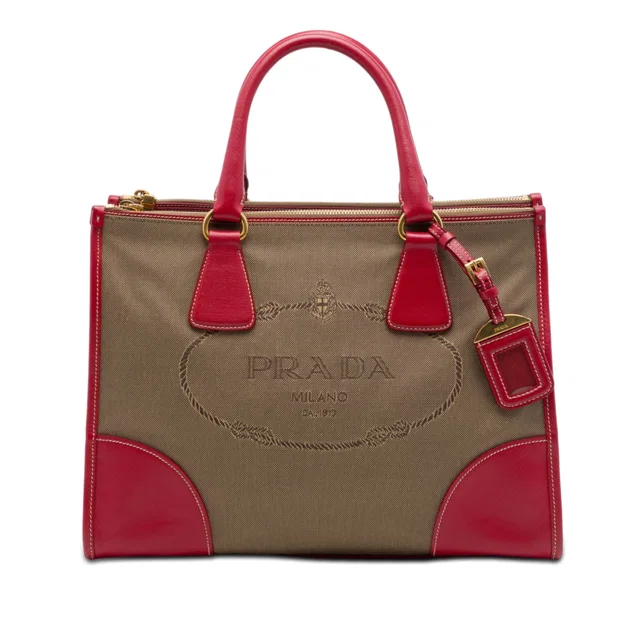 Brown Prada Saffiano Trimmed Canvas Canapa Logo Double Zip Satchel in Brown Saffiano leather from Designer Revival