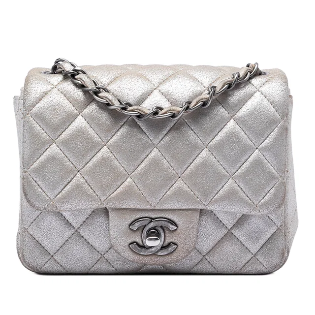 Silver Chanel Mini Square Classic Metallic Lambskin Single Flap Crossbody Bag in Silver Lambskin from Designer Revival