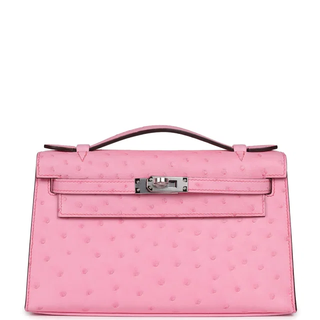 Hermès Kelly Pochette Bubblegum Ostrich Boreal Palladium Hardware in Ostrich from Madison Avenue Couture