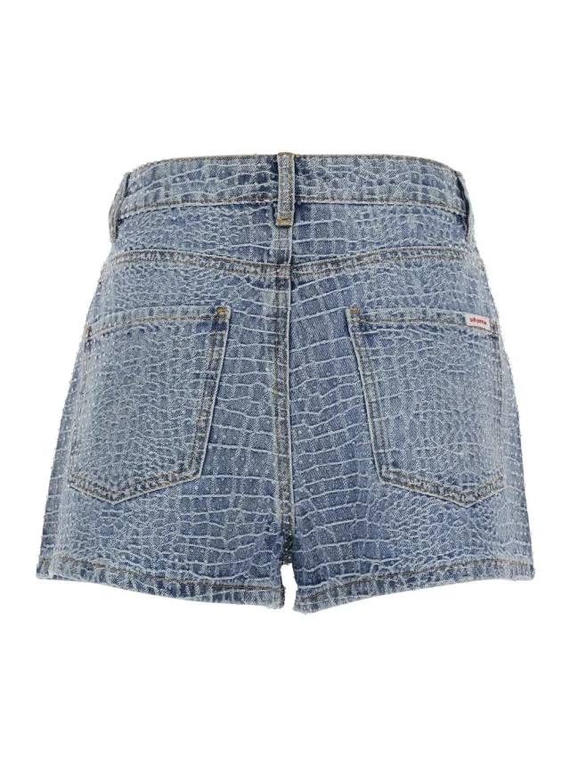 SELF-PORTRAIT Shorts 'Rhinestone Croc Effect' Blue Denim with Strass Details - Cotton - Women in Blue, photo 3 of 6 from Gaudenzi Boutique