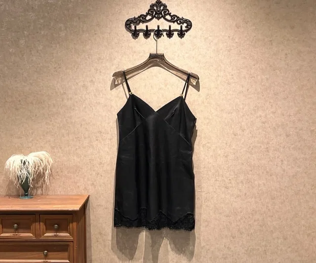 Gucci Black Leather and Lace Camisole Dress / Size 44 / Brand New with Original Price / 42485 in Black Leather from Luxury Promise