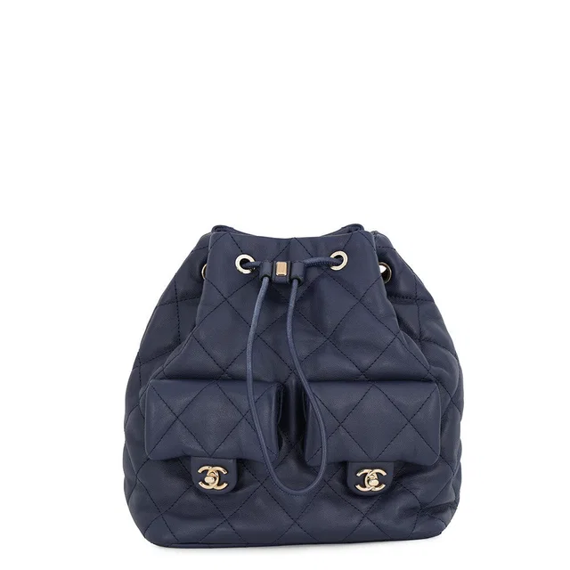 Chanel Matelasse Drawstring Double Pocket Backpack NavyAS4342 Calf Leather in Calfskin from GALLERY RARE