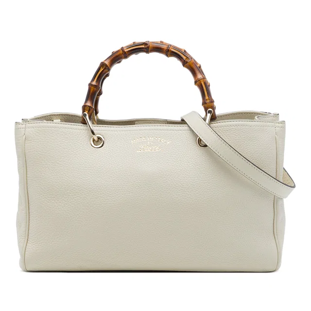 White Gucci Medium Calfskin Bamboo Shopper Satchel in White Calfskin from Designer Revival