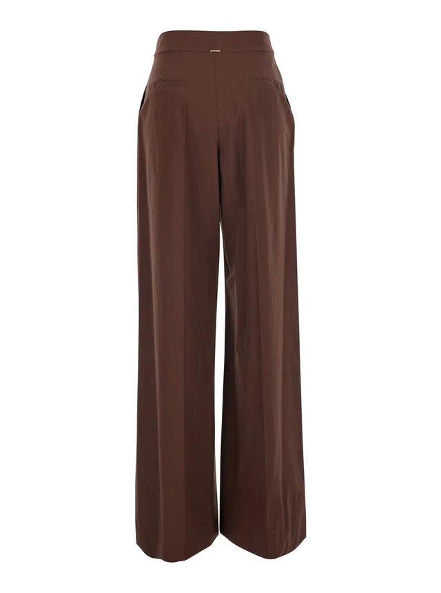 Twinset Brown Pants with logo plate on the back and wide leg in stretch cotton for women in Brown 98% Cotton 2% Elastane, photo 4 of 6 from Gaudenzi Boutique