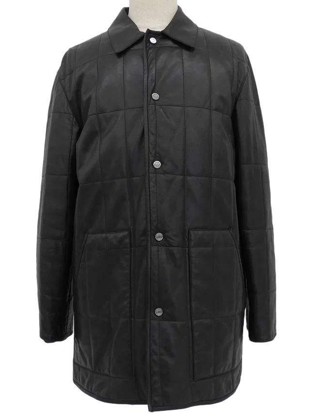 Ferragamo Real Leather Gancini Button Quilted Coat #50 Black in Black Leather from VINTAGE QOO TOKYO