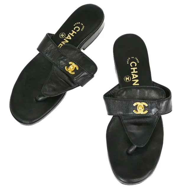 Chanel CC Turnlock Black Leather Mules Shoes #36 in Black Leather from AMORE Vintage Tokyo