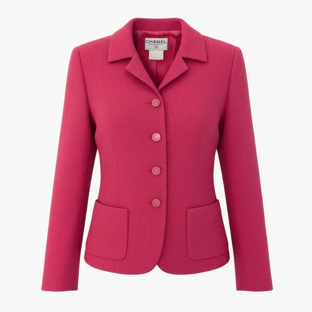 Chanel Jacket CC Logo Button 38 Pink in Pink Tweed from The Reluxe