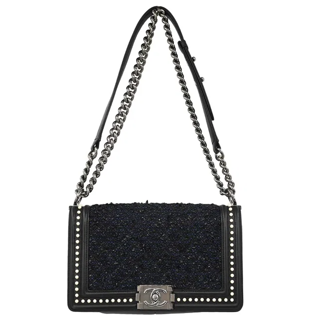 Boy Chanel 2018-2019 Black Lambskin Tweed Medium Shoulder Bag in Black Lambskin from AMORE Vintage Tokyo