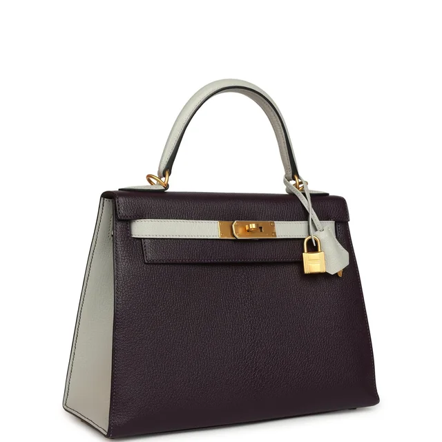Hermès Special Order (HSS) Kelly Sellier 28 Raisin, Gris Perle Chevre Brushed Gold Hardware in Grey Goatskin from Madison Avenue Couture, photo 2 of 2